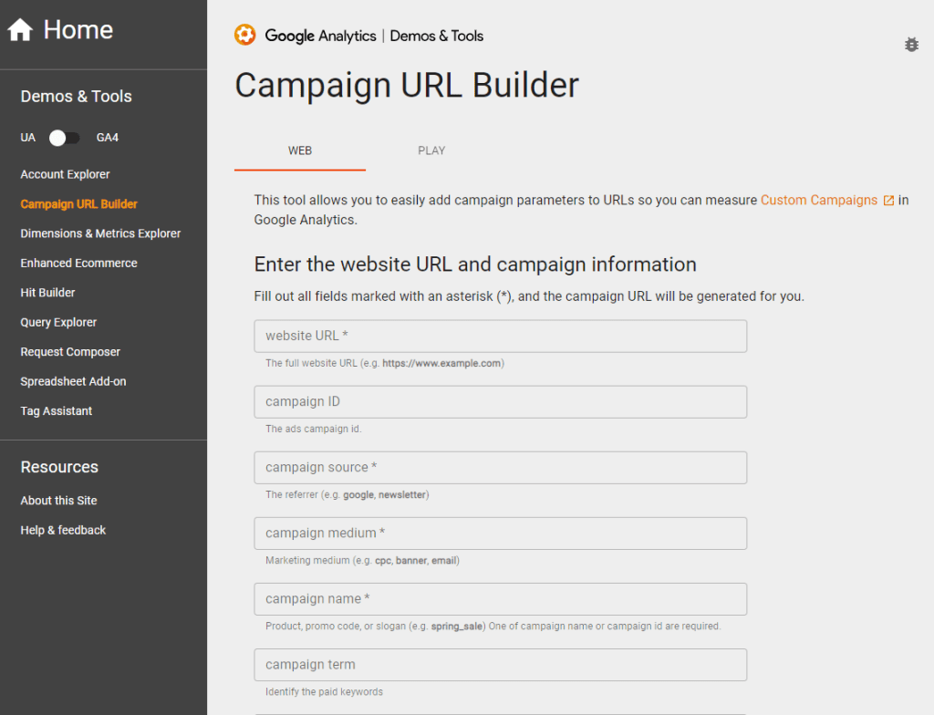 Campaign URL Builder行銷工具網站畫面截圖